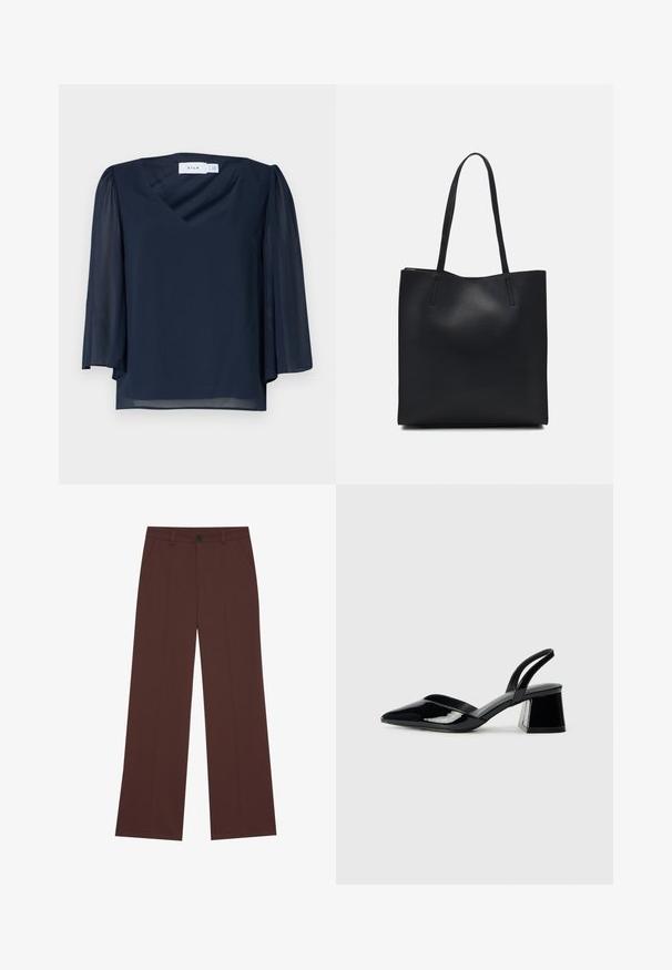 Blusa blu navy con scollatura a V, maniche corte a palloncino e tessuto leggero. Caratterizzata da una texture liscia e da una vestibilità rilassata.; Pantaloni a gamba larga in un ricco tessuto marrone. Presentano una chiusura a bottone, due tasche frontali, una texture liscia e linee pulite.; Décolleté in vernice nera con punta affusolata e tacco in geometria cubica. Presentano un design elegante e minimalista, con una texture liscia.; Borsa tote in pelle nera con texture liscia, forma rettangolare e due manici lunghi. Nessun hardware o decorazione visibile.