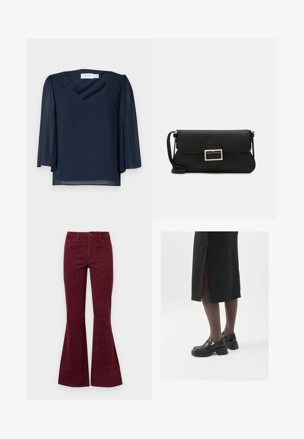 Navy blue blouse with a V-neckline, short puff sleeves, and lightweight fabric. Features smooth texture and a relaxed fit.; Burgundy corduroy flared jeans with five pockets, a front button closure, and textured fabric. Flares extend from knee to hem.; Black leather shoes with a rounded toe, thick block heel, and elastic side accents, paired with dark tights and a black skirt with a slit.; Black leather clutch bag with a flap and a gold metal buckle detail. Includes a black strap and a sleek, minimalist design.