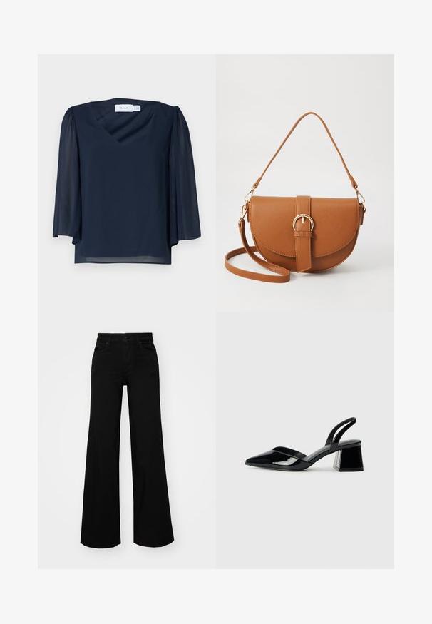 Granatowa bluzka z dekoltem w kształcie litery V, krótkimi bufiastymi rękawami i lekkiego materiału. Charakteryzuje się gładką fakturą i luźnym krojem.; Czarne szerokie spodnie dżinsowe z usztywnionym pasem, szlufkami na pasek i kieszeniami z przodu. Gładka faktura o klasycznym fasonie.; Czarne lakierowane półbuty na obcasie z wydłużonym noskiem i geometrycznym słupkiem. Charakteryzują się eleganckim, minimalistycznym designem oraz gładką fakturą.; Brązowa skórzana torba na ramię o zaokrąglonym kształcie, ze złotymi akcentami i zapięciem w formie klamry. Posiada odpinany pasek na ramię.