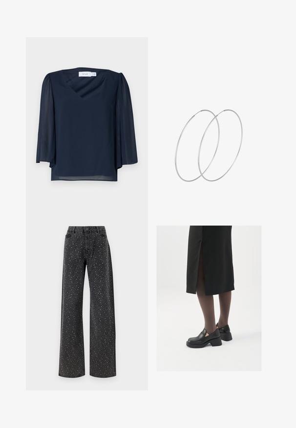 Marineblaue Bluse mit V-Ausschnitt, kurzen Puffärmeln und leichtem Stoff. Verfügt über eine glatte Textur und einen lockeren Schnitt.; Noisy May NMJANNEL LOOSE - Jeans Relaxed Fit - black denim; Schwarze Lederschuhe mit abgerundetem Zeh, dicker Blockabsatz und elastischen seitlichen Akzenten, kombiniert mit dunklen Strumpfhosen und einem schwarzen Rock mit Schlitz.; Silberne Creolen mit minimalistischem Design. Rundform, glatte Oberfläche und dünnes Profil. Leichtgewichtig mit hochglänzender Oberfläche.