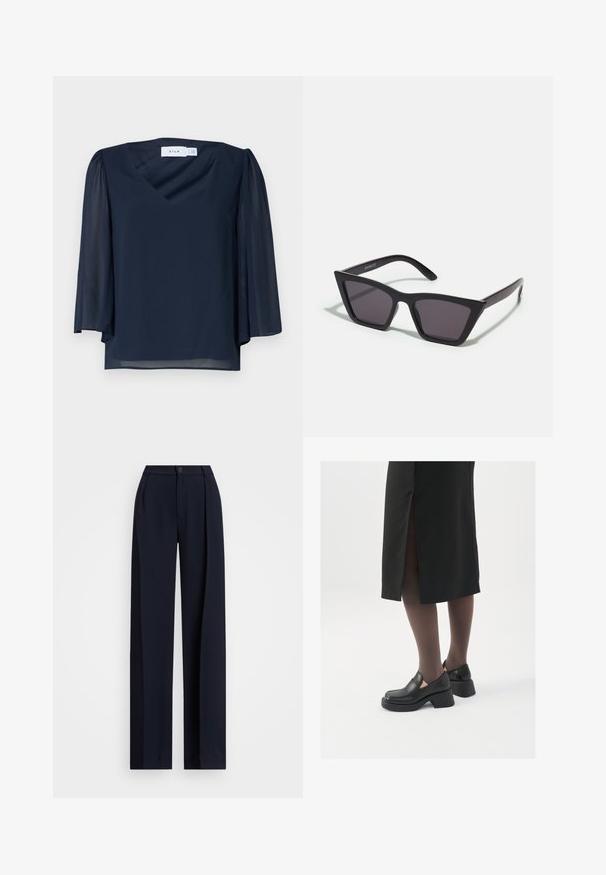 Navy blue blouse with a V-neckline, short puff sleeves, and lightweight fabric. Features smooth texture and a relaxed fit.; Navy wide-leg trousers with pleats, a button closure, and a smooth fabric texture. Designed for loose, comfortable fit.; Black leather shoes with a rounded toe, thick block heel, and elastic side accents, paired with dark tights and a black skirt with a slit.; Black, angular sunglasses with gray lenses; made of plastic, featuring thick arms with a smooth surface and no visible hardware.