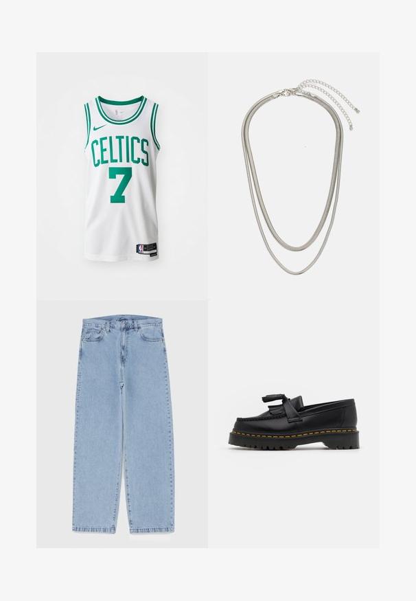 Baltos krepšinio marškiniai su žaliais akcentais, "CELTICS" ir numeriu "7" bold stiliumi, tinklinis audinys, apvalus kaklas ir Nike logotipas ant krūtinės. NBA etiketė prie apvado.; Šviesiai mėlyni džinsai su tiesiomis kojomis, turintys vidutinio aukščio juosmenį, penkias kišenes ir mygtuko bei užtrauktuko uždarymą.; Juodas odinis loaferis su kutais, turintis masyvų juodą pado ir geltonus siūlus palei kraštą. Textūruota danga.; Trijų sluoksnių sidabrinė metalinė apyrankė, kuri pasižymi stilingomis, lankstosiomis grandinėlėmis su švelniu blizgesiu, užsegama krabų užsegimu ir reguliuojama grandinė.