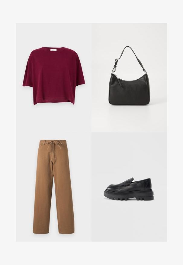 Bordó rövid ujjú póló, puha pamutból készült. Laza szabású, kerek nyakkivágással és egyenes aljjal. Nincsenek látható logók vagy minták.; Barna, bő szárú nadrág, pamutból készült, combrészes derékkal és két elülső zsebbel. Texturált anyag, sima felülettel.; Fekete bőrpántos lófaragott cipő tömör fekete talppal és texturált pánt részlettel. A sima felület és a lekerekített forma kiemeli kortárs dizájnját.; Fekete bőrtáska ívelt formával, egyetlen pánttal, cipzáras záródással és diszkrét logóval az elején. Simább textúra, minimalista dizájn.