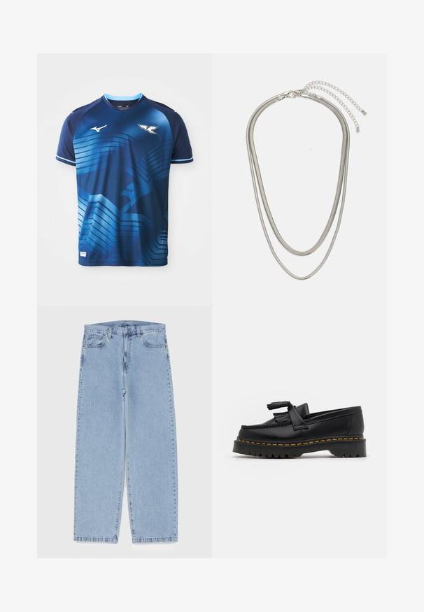 Camisola desportiva azul feita de poliéster. Apresenta um design em gradiente com linhas horizontais e um logótipo no peito. Gola em V e mangas curtas.; Jeans de denim azul claro com design de perna reta, apresentando uma cintura de altura média, cinco bolsos e um fecho de botão e zíper.; Mocassim de couro preto com um detalhe de franjas, apresentando uma sola preta robusta e costura amarela ao longo da borda. Acabamento texturizado.; Colar de metal prateado em três camadas, com correntes flexíveis e elegantes que possuem um leve brilho, fechado com um fecho de lagosta e corrente ajustável.