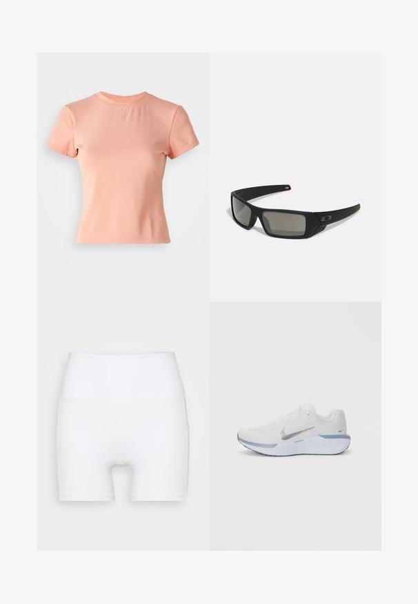 Heled roosa, lühikeste varrukatega t-särk, mis on valmistatud ribakanga materjalist. Omab ümarat kaelust ja väikest rõhutatud logo keskel.; Valged kõrge vöökohaga lühikesed püksid, mis on valmistatud venivast kangast. Omab siledat tekstuuri ja mugavat lõiget, ilma lisamustrideta või -detailideta.; Valge spordijalanõud, millel on tekstureeritud võrkpinnas, hõbedased aktsendid ja helesinine tall. Omab ümmarguseid paelu ja pehmet kandmist.; Mustad mustaga viimistlusega prillid, ristkülikukujulised läätsed, templite kerge kõverus, diskreetne logo detail ja suitsutatud läätsed.