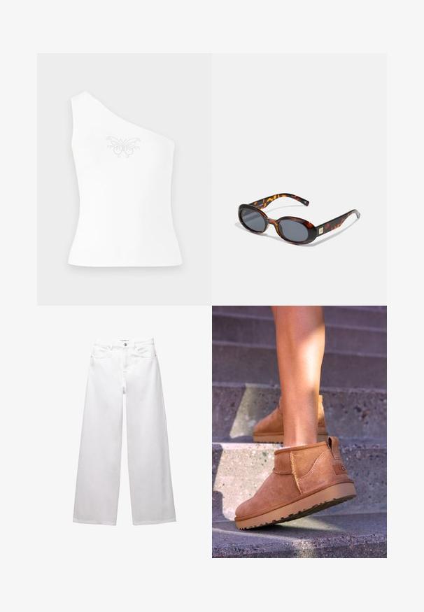 Eén-schouder witte top van gladde stof, met een vlinderontwerp dat aan de voorkant is versierd met kleine strass-steentjes.; Witte wijde denim jeans. Voorzien van een knoopsluiting, voor- en achterzakken, en gestikte naden. Soepele textuur met minimale details.; Tamme suède enkelboots met een zachte textuur, gestikte details en een rubberen zool, met een lusvormige hak voor gemakkelijk aan- en uittrekken.; Bruine schildpad zonnebril met ovale lenzen en een donkergrijze tint. Bevat een goudkleurige accent op de slapen. Glad plastic oppervlak.; Witte handtas met een gebogen silhouet, textuurleer, gouden hardware en een afneembare schouderriem met een logo en gespdetail.