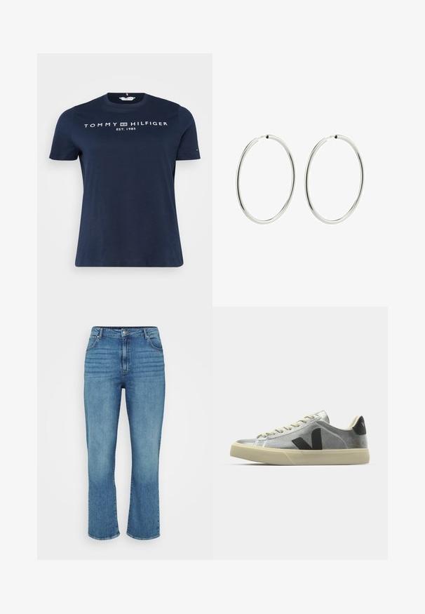 Tumši zila kokvilnas T-krekls ar apaļu kakla izgriezumu, priekšā ar baltu tekstu "TOMMY HILFIGER EST. 1985". Īsas piedurknes.; Gai zilu džinsi ar taisnu kāju dizainu, ar piecām kabatām, jostu cilpām un maziem izbalējumiem priekšā.; Sudraba tenisa kurpes ar tekstūru, melns logo sānos un neitrālas krāsas zole. Ar bezkrāsainām auklām un noapaļotu purngalu dizainu.; Sudraba riņķa auskari ar gludu, pulētu apdari. Apaļa forma, vienāda platuma, izstrādāti vieglai aizdarei. Vienkārši un eleganti.