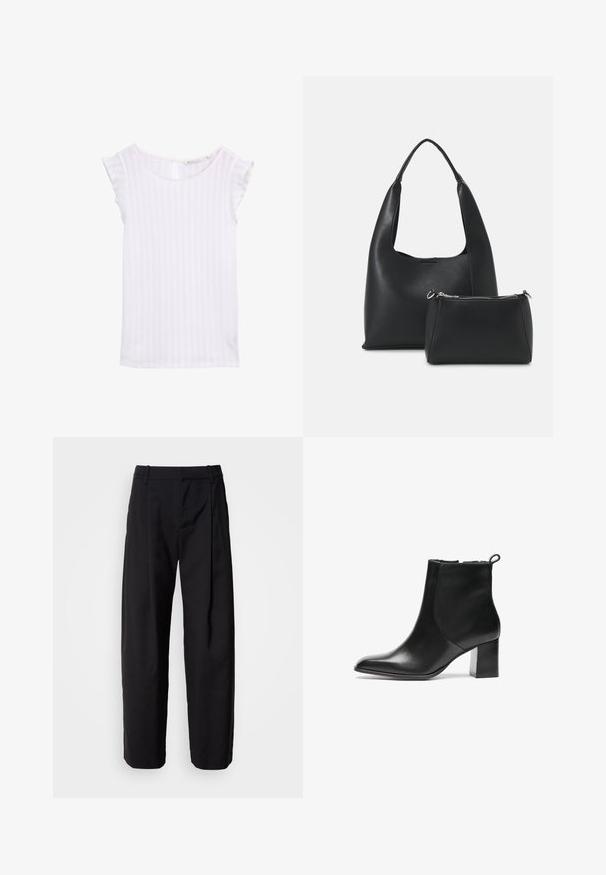 Bijela majica kratkih rukava od lagane, teksturirane tkanine. Ima okrugli izrez i otvaranje u obliku ključanice na leđima. Suptilne vertikalne pruge.; Crne hlače s opuštenim krojem, nabranim prednjim dijelom i petljama za remen. Glatka tkanina i ravne nogavice, s bočnim džepovima.; Crne kožne gležnjače s okruglim vrhom, središnjom blok petom i pomoću petlje na stražnjem dijelu. Glatka tekstura, minimalistički dizajn.; Even&Odd Ručna torba - black