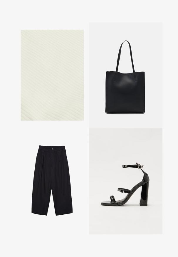 Lys creme ribbet stof med en blød tekstur, der har horisontale linjer, der skaber et subtilt mønster. Materialet virker let og fleksibelt.; Sorte polyester culotte bukser med elastisk talje, to forpiber og en løs silhuet. Ingen synlige mønstre eller hardware detaljer.; Sorte patenterede hælsandaler med firkantet tå, ankelremme og sølvspænder. Har en chunky blokHæl for stabilitet.; Sort læder tote taske med glat tekstur, rektangulær form og to lange hanke. Ingen synlig hardware eller udsmykninger.