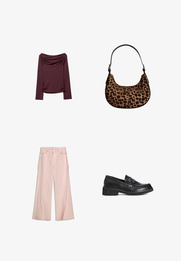 Maglia a maniche lunghe color bordeaux con scollatura a spalle scoperte, caratterizzata da dettagli arricciati sui lati e una texture liscia e elastica.; Jeans a gamba larga rosa chiaro con finitura testurizzata, orlo frangiato e design a cinque tasche. Presenta una chiusura con bottone e passanti per cintura.; Mocassini in pelle nera con finitura liscia, caratterizzati da dettagli con doppia fibbia, una suola spessa e una cucitura decorativa lungo i bordi.; Borsa a tracolla con stampa leopardata realizzata in morbido materiale peloso, con una forma curva, manico in pelle nera e dettagli delle cuciture sottili sul davanti.