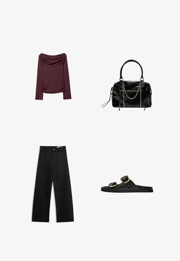 Burgundská blúzka s dlhým rukávom a off-the-shoulder výstrihom, so skladaným detailom na stranách a hladkým, elastickým materiálom.; Čierne denimové nohavice s širokými nohavicami a vysokým pásom, so prednými a zadnými vreckami, šitými švami a zapínaním na gombík. Hladká textúra.; Čierne šľapky s dvoma zlatými prackami, hladký textúrovaný materiál, plochá podrážka a minimalistický dizajn.; Bershka WITH CHAIN - Kabelka - black