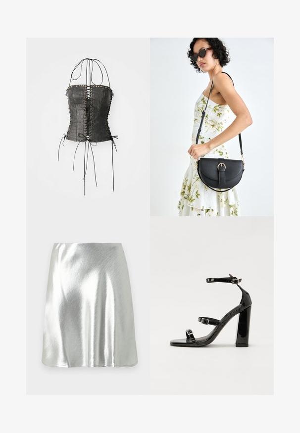 Jaded London LONGLINE LACE UP HALTER CORSET - Top - black; Srebrnometalna mini suknja s glatkom teksturom i blagim sjajem. Ima široki kroj i jednostavan, uredan rub.; Crne lakirane sandale na pete sa kvadratnim nosom, trakama oko gležnja i srebrnim kopčama. Imaju čvrst blok petu za stabilnost.; Crna kožna torba s lukovitim oblikom, odvojivim remenom i zlatnim detaljima. Torba ima preklop s kopčom.