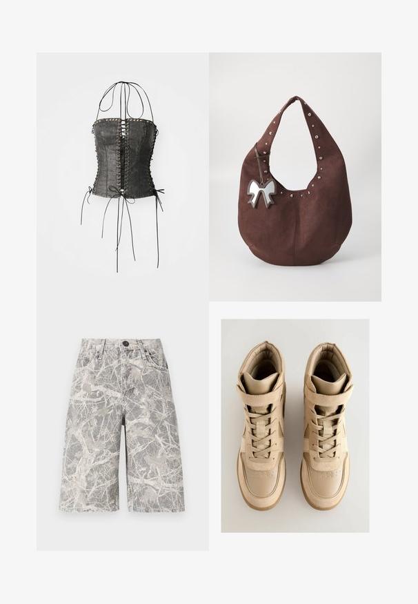 Jaded London - Top; Szorty dżinsowe w kamuflażowym wzorze w odcieniach szarości i beżu, z klasycznym pięciokieszeniowym wzorem i metalowym zapięciem.; Beżowe wysokie sneakersy z fakturowanej zamszowej i skórzanej cholewki, z zapięciem na sznurowadła, rzepem oraz gumową podeszwą.; Brązowa torba hobo z zamszu z metalowymi ćwiekami wzdłuż górnej krawędzi i metalową kokardką przymocowaną do paska. Szerokie otwarcie i miękka faktura.