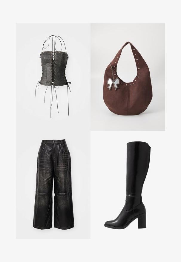 Jaded London LONGLINE LACE UP HALTER CORSET - Toppi - black; Musta leveälahkeinen nahkahousu, jossa on kevyt kiilto. Siinä on brodeeratut yksityiskohdat ja etutaskut, jotka on viimeistelty napilla ja vetoketjulla.; Polvimittaiset mustat kiiltävät korkokengät pyöreällä kärjellä, sileällä pinnalla, sivuaukolla ja paksulla pinottulla korolla.; Ruskea mokkasuede-hobo-laukku, jossa on hopeiset niitit yläreunassa ja metallinen rusettikukka, joka on kiinnitetty olkahihnaan. Laaja avaus ja pehmeä rakenne.