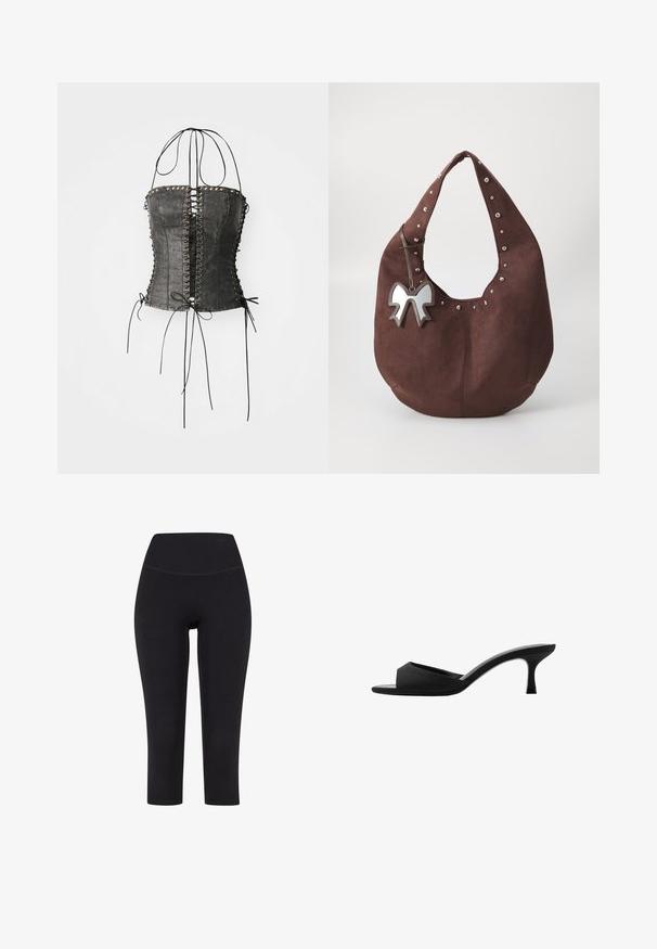 Jaded London - Top; Czarne legginsy za kostkę wykonane z elastycznego materiału, z wysokim stanem i bez widocznych wzorów czy elementów metalowych.; Czarne klapki na wysokim obcasie z szerokim, otwartym noskiem i zakrzywioną cholewką. Wykonane z teksturowanej tkaniny, z wąskim obcasem i gładką podeszwą.; Brązowa torba hobo z zamszu z metalowymi ćwiekami wzdłuż górnej krawędzi i metalową kokardką przymocowaną do paska. Szerokie otwarcie i miękka faktura.