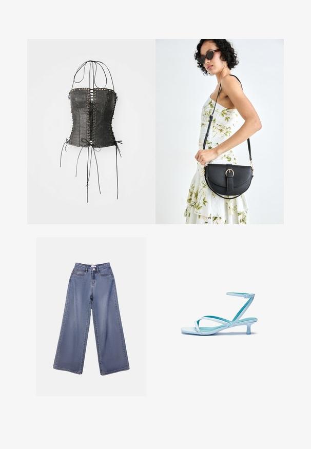 Jaded London LONGLINE LACE UP HALTER CORSET - Top - black; Wide-leg denim jeans in a light blue wash, featuring a high waist, front pockets, and a button closure with belt loops.; Light blue strappy sandal with a square toe, low heel, adjustable ankle strap, and smooth, glossy finish. Crossed straps on the footbed.; Black leather handbag with a curved shape, detachable strap, and gold hardware. The bag features a flap with a buckle detail.