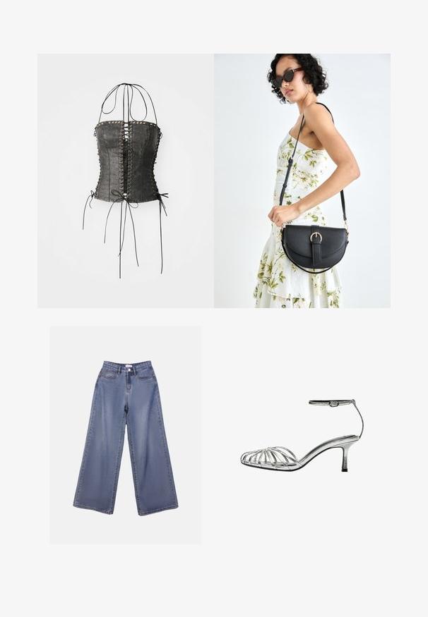 Jaded London LONGLINE LACE UP HALTER CORSET - Top - black; Wide-leg denim jeans in a light blue wash, featuring a high waist, front pockets, and a button closure with belt loops.; Silver strappy sandal with a low heel, featuring multiple crisscross straps, an ankle strap with a buckle, and a smooth, shiny texture.; Black leather handbag with a curved shape, detachable strap, and gold hardware. The bag features a flap with a buckle detail.