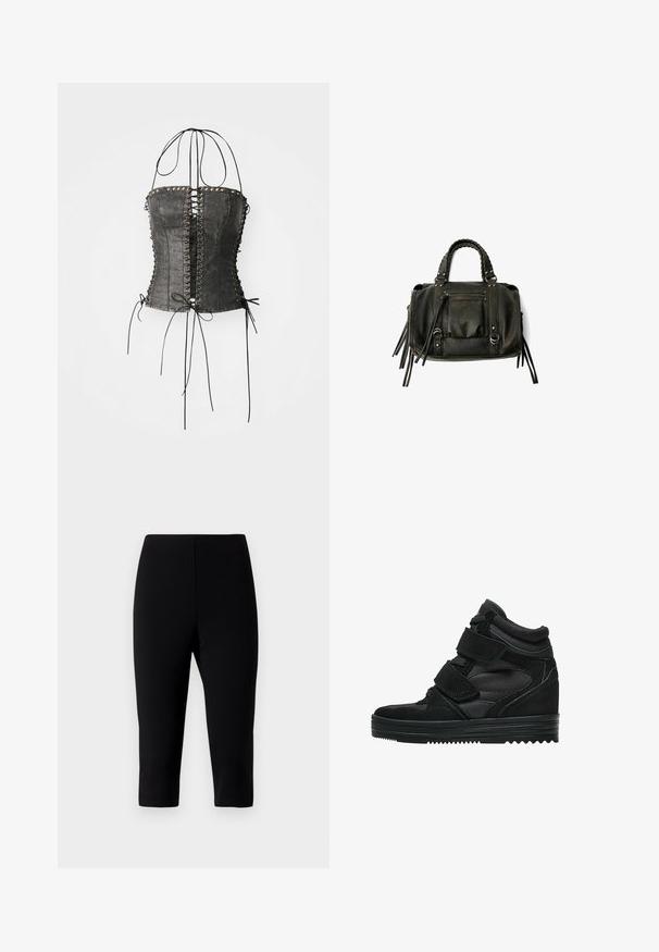 Jaded London LONGLINE LACE UP HALTER CORSET - Top - black; Black capri pants made of stretchy fabric, featuring a fitted design that ends just below the knee with a smooth texture and no visible seams.; Black high-top sneakers made of suede and mesh, featuring Velcro straps, a smooth finish, and a textured rubber sole for traction.; Black leather handbag with braided handles, zipper pocket, and hanging tassels. Textured surface with metal studs and hardware accents.