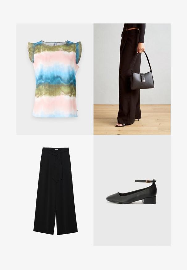 Trumpas rankovėmis viršus, puošnus daugiaspalviu, banguotu „tie-dye“ raštu rožinės, mėlynos ir žalios spalvos. Lengvas audinys su volaninėmis pečių detalėmis.; Juoda plačių kojų kelnės, pagamintos iš tekstūruoto audinio, su elastingu juosmeniu ir atsegamu diržu juosmenyje, leidžiančiu reguliuoti dydį.; Juodas odinis aukštakulnis batelis su smailiu pirštu ir žemu bloku. Su kulkšnies dirželiu su auksinės spalvos sagtimi. Lygus paviršius.; Juodas rankinė struktūrizuota forma, lygi tekstūra ir metalinis užsegimas. Suporuota su plačiomis juodomis kelnėmis ir atvirais bateliais ant medinių grindų.