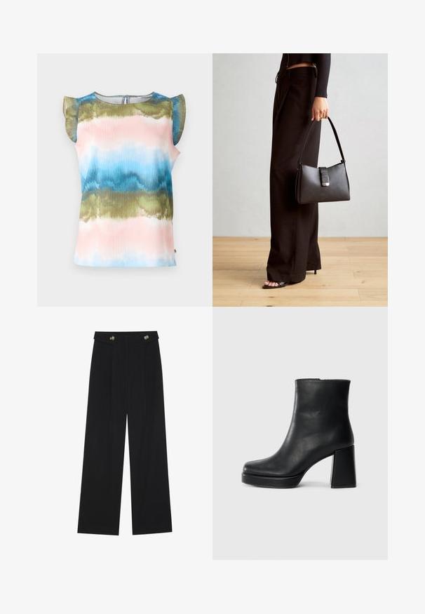 Top cu mâne scurte, prezentând un model de tie-dye în culori multicolore, unduiți, în nuanțe de roz, albastru și verde. Țesătură ușoară, cu accente volan la umeri.; Pantaloni negri cu picioare largi, talie înaltă, detalii cu butoane pe talie și pliseuri în față.; Botină din piele neagră, cu toc pătrat și talpă platformă, văzută din lateral pe un fundal alb simplu.; Genți negre cu o formă structurată, textură netedă și un închizător metalic. Asortată cu pantaloni negri largi și sandale cu vârf deschis pe un podea din lemn.