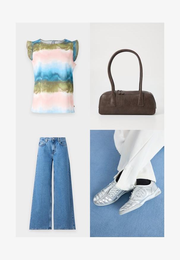 Lyhythihainen paita, jossa on monivärinen, aaltoileva sitruliidukuvio vaaleanpunaisena, sinisenä ja vihreänä. Kevyt kangas, jossa on halkiot olkapäillä.; Laaja lahkeinen sininen farkut korkealla vyötäröllä, jotka sisältävät klassisen viisi-taskun muotoilun ja saumat sivuilla lisäyksinä.; Hopeiset urheilukengät sileällä, kiiltävällä pinnalla, joissa on ommeltu kuvio ja numero 90 sivussa, yhdistettynä valkoisiin housuihin.; Ruskea nahkalaukku, jossa on kaksi tukevasti kantavaa kahvaa, suorakaiteen muotoinen, sileä pinta ja vetoketjukiinnitys. Minimalistinen muotoilu ilman näkyviä kuvioita.