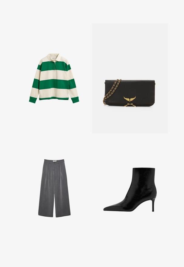 Zielono-kremowy, paskowany polo z długim rękawem i klasycznym kołnierzykiem, z małym zapięciem z przodu i bocznymi rozporkami u dołu.; Biała bluzka z długim rękawem, klasycznym kołnierzykiem, zapięciem na guziki z przodu i marszczeniem po bokach. Gładki materiał o dopasowanym kroju.; Plisowane spodnie o szerokich nogawkach w ciemnoszarym materiale z subtelną teksturą. Posiadają zapięcie na guzik oraz klasyczny krój pasa.; Czarny botek za kostkę o spiczastym nosku, wykonany z błyszczącej skóry. Posiada szpilkowy obcas i gładką fakturę. Brak widocznych zdobień.; Czarna skórzana kopertówka z złotym skrzydlatym logo, łańcuszkowym paskiem i zapięciem na zamek. Teksturowana powierzchnia i prosty prostokątny design.