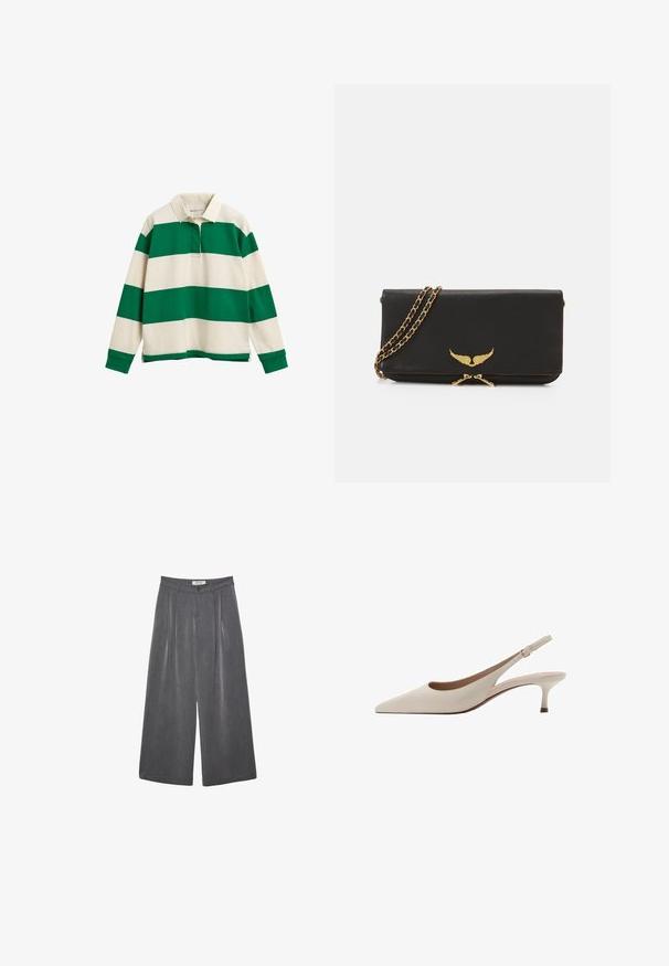 Vihreä ja kerma valkoinen raitapaidan pitkähihaisen polo-paidan, jossa on klassinen kaulus, pieni etupainike ja sivuhalkiot helmassa.; Valkoinen pitkähiha blouse, jossa on klassinen kaulus, etuvetoketju ja ryppyinen sivudetalji. Pehmeä kangas ja muotoiltu leikkaus.; Pleated leveleijoushousut tummanharmaasta kankaasta, jossa on hieno rakenne. Ominaisuuksina napin suljenta ja klassinen vyötärönauhan muotoilu.; Beige avokkaat, joissa on terävä kärki ja matala, löysä kanta. Valmistettu sileästä nahasta, minimalistisella suunnittelulla ja säädettävällä hihnalla.; Musta nahkakäsi, jossa on kultainen siipilogot, ketjuhihna ja vetskari. Rakenteeltaan teksturoitu pinta ja yksinkertainen suorakulmainen muotoilu.