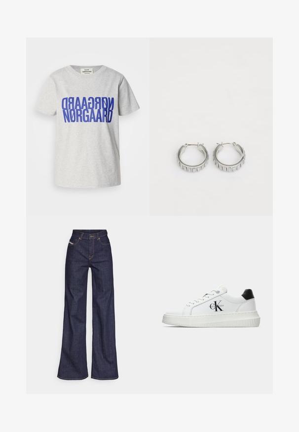 Grå bomulds t-shirt med stort, fedt blåt tekst, der læser "NØRGAARD" vist vertikalt og horisontalt. Rund halsudskæring, korte ærmer.; Mørkeblå bredbenede jeans i denimstof med høj talje, prydet med orange stikninger, fem-lomme design og knaplukning.; Hvide lavtoppede sneakers med sort hælkænke, platformssål, snørebånd og Calvin Klein "CK" logo på siden.; Sølv hoop øreringe med et struktureret design, der har lodrette riller. Cirkelformede med en sikker lås. Glat finish.