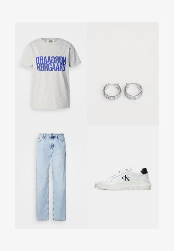 Šedé bavlněné tričko s velkým, tučným modrým textem "NØRGAARD" zobrazeným vertikálně a horizontálně. Kolečkový výstřih, krátké rukávy.; Světle modré široké džíny z denimu, s vysokým pasem, výrazně vybledlým odstínem a decentním vzorem tie-dye na přední straně.; Bílé nízké tenisky s černým patním tabem, platformovou podrážkou, tkaničkami a logem Calvin Klein "CK" na boku.; Stříbrné kruhové náušnice s texturovaným designem a vertikálními drážkami. Kulatý tvar s pevným uzávěrem. Hladký povrch.