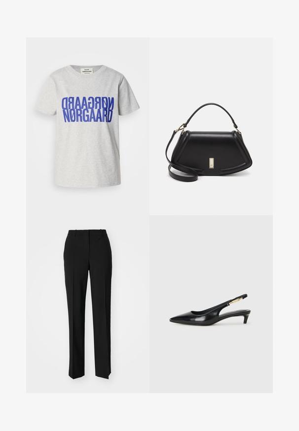 Grey cotton t-shirt featuring large, bold blue text reading "NØRGAARD" displayed vertically and horizontally. Round neckline, short sleeves.; Black tailored trousers with a straight-leg design, featuring a smooth texture and crisp creases along the front. No visible hardware.; Black leather slingback heels with a pointed toe, featuring a slim heel and a gold-tone accent on the adjustable strap. Smooth texture.; Black leather handbag with a structured design, featuring a cropped shape, top handle, and gold hardware accent. Adjustable shoulder strap included.