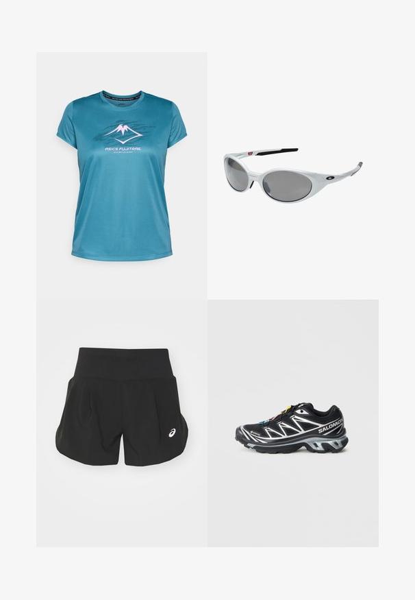 Teal kurzärmliges Sport-T-Shirt aus glattem Material, mit einer Berggrafik in Pink und dem Text "ASICS FUJITRAIL" darunter.; Schwarze Sportshorts mit einem breiten Bund, plissiertem Design und einem kleinen weißen Logoakzent auf der unteren linken Seite. Weiches, leichtes Material.; Schwarzer Laufschuh mit silbernen Akzenten, GORE-TEX-Material, strukturiertem Sohlenprofil und bunten Schnürsenkeln. Verfügt über eine gepolsterte Ferse für zusätzlichen Halt.; Weiße Kunststoff-Sonnenbrille mit großen, ovalen Gläsern in grauer Tönung. Verfügt über schwarze Ohrpolster und ein kleines Logo am Rahmen. Glatte Oberfläche.