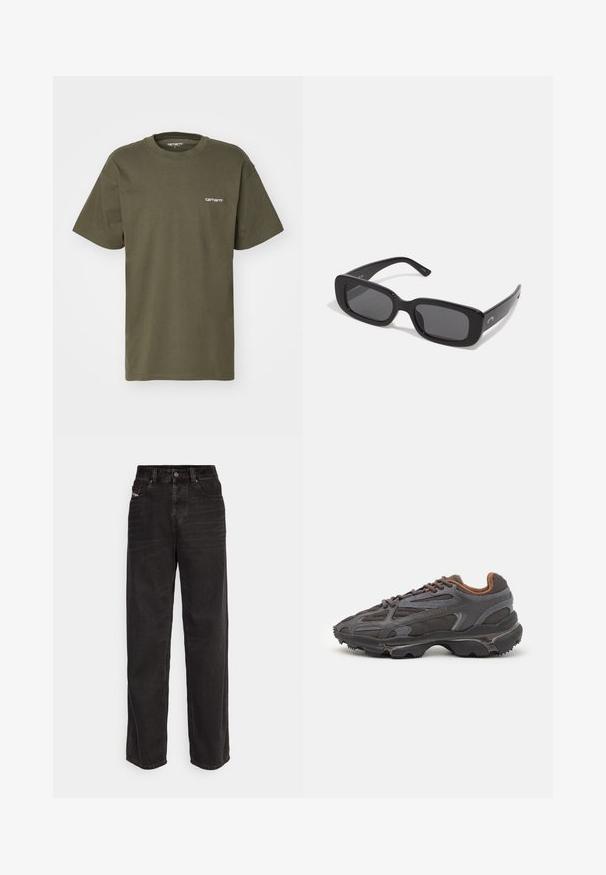 Oliwkowa koszulka z krótkim rękawem wykonana z bawełny, z okrągłym dekoltem i małym białym logo nadrukowanym na lewej piersi.; Czarne dżinsowe spodnie z szerokimi nogawkami i wysokim stanem, z zapięciem na guzik z przodu, dwoma bocznymi kieszeniami oraz subtelnymi detalami w szwie.; Sneakers Lacoste w ciemnoszarym kolorze, wykonane z siateczki i materiału syntetycznego, z teksturowaną podeszwą oraz brązowymi akcentami na kołnierzu i logotypie.; Czarne prostokątne okulary przeciwsłoneczne z ciemnymi soczewkami, gładkimi plastikowymi oprawkami i szerokimi zausznikami. Subtelne logo po boku.