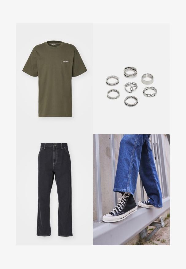 Olive green short-sleeve t-shirt made of cotton, featuring a crew neck and a small white logo printed on the left chest.; Black denim jeans with a straight-leg cut, featuring a zipper fly, five pockets, and contrast stitching along the seams.; Black high-top sneakers with white sole and laces, paired with loose blue denim jeans, resting on a gray railing.; Set of seven silver rings featuring various designs, including twisted, linked, and engraved patterns. Different shapes and widths.