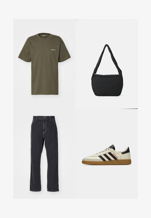 Olijfgroene t-shirt met korte mouwen van katoen, met een ronde hals en een klein wit logo gedrukt op de linkerkant van de borst.; Zwarte denim jeans met een recht gesneden pijp, voorzien van een ritssluiting, vijf zakken en contrasterende stiksels langs de naden.; Crème en zwarte Adidas Spezial sneaker met gum zool, zwarte strepen, rode stiksels en 'Spezial' branding aan de zijkant.; Zwarte schoudertas met een gewatteerde textuur, een ronde vorm en een brede schouderband, met een reliëflogo aan de voorkant.