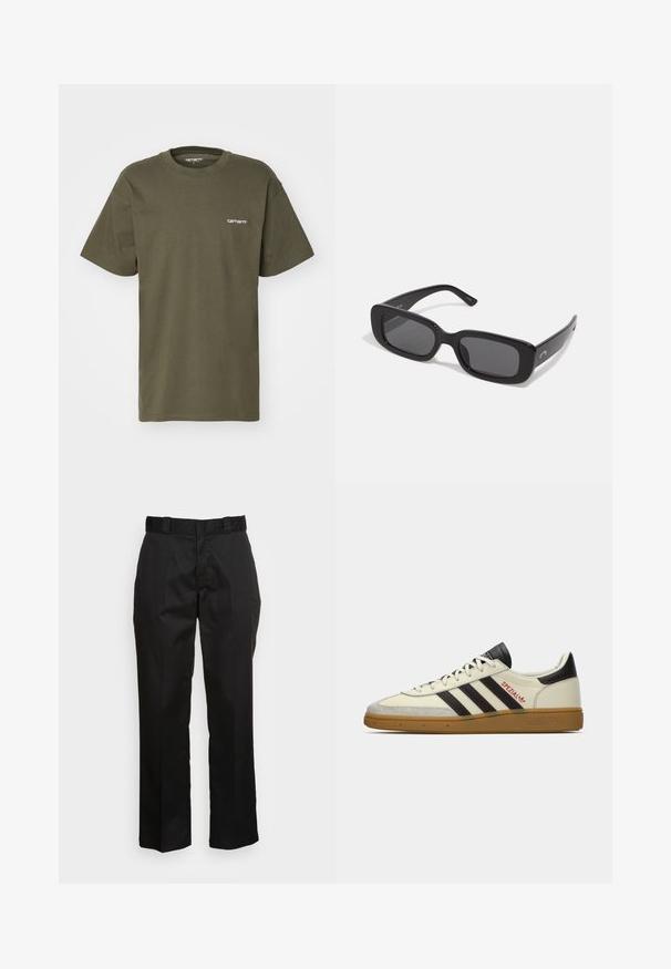 Alyvuogių žalios spalvos trumpomis rankovėmis marškinėliai, pagaminti iš medvilnės, su apvalia iškirpte ir mažuoju baltu logotipu, spausdintu kairiajame krūtinės kampe.; Juodos kelnės pagamintos iš lygaus audinio, su tiesaus kirpimo dizainu, diržo kilpa ir dviem šoninėmis kišenėmis. Klasikinis stilius be puošmenų.; Kreminės ir juodos spalvos Adidas Spezial sportiniai bateliai su guminiais padais, juodomis juostelėmis, raudonais siūlais ir „Spezial“ ženklu šone.; Juodos stačiakampės saulės akinios su tamsiais lęšiais, lygiais plastikiais rėmeliais ir plačiomis kojelėmis. Subtilus ženklinimas šone.