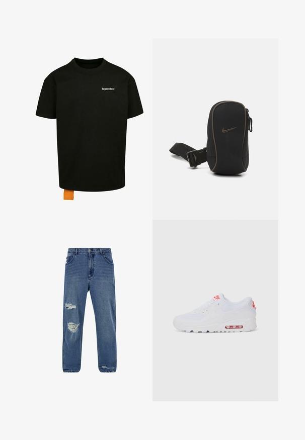 Must must T-särk, millel on lõtv lõige, ümmargune kaelus ja lühikesed varrukad. Rinnal on valge teksti logo ja hemil oranž silt.; Heledad sinise värvi teksapüksid, millel on lahtine lõige, kulumistunnused ja rebenenud põlved, ning klassikaline viie taskuga disain.; Valged spordijalatsid, millel on sile pealis, seotud lipsud, pehmendusega tallad ja nähtav õhükamber, mille brändimisel on punased aktsendid.; Must musta Nike kott, millel on lukuga sulgemine, tekstuuriga kangas, pruuni tooni detailid ja eemaldatav rihm. Esiplaanil on silmapaistev Nike logo.