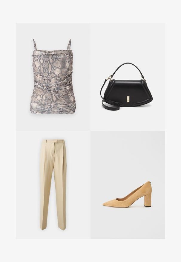 Brown and gray snake print top with thin straps, featuring ruching details and a soft, textured fabric.; Beige tailored trousers with a straight cut, featuring pleats, a waistband, and a smooth texture. No visible pockets or embellishments.; Beige suede high-heeled pump with a pointed toe and a chunky block heel. The material has a soft texture with a smooth finish.; Black leather handbag with a structured design, featuring a cropped shape, top handle, and gold hardware accent. Adjustable shoulder strap included.