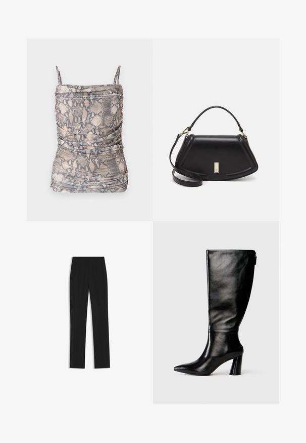 Braun- und grau-geprintetes Schlangenmuster-Oberteil mit schmalen Trägern, das Raffungselemente und einen weichen, strukturierten Stoff aufweist.; Schwarze maßgeschneiderte Hose mit geradem Bein, ausgestattet mit Fronttaschen und einem glatten, strukturierten Stoff. Saubere, minimale Details.; Knöchelhohe schwarze Lederstiefel mit einer spitzen Zehe, glatter Oberfläche und einem klobigen Absatz. Verfügt über einen Reißverschluss hinten.; Schwarze Lederhandtasche mit einem strukturierten Design, das eine verkürzte Form, einen oberen Griff und goldfarbene Hardware-Details aufweist. Verstellbarer Schulterriemen ist enthalten.