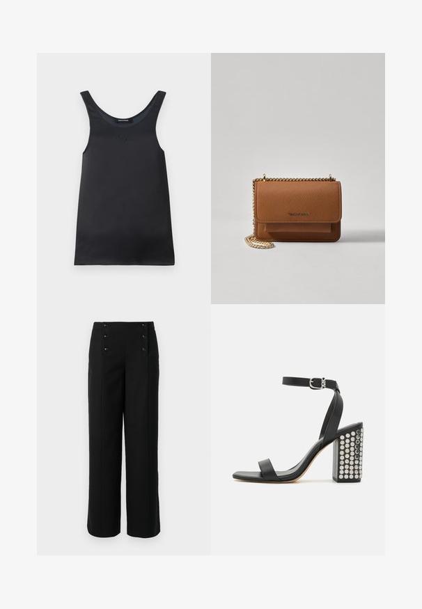 Black sleeveless tank top made of smooth fabric. Features a rounded neckline and a subtle logo detail near the collar. Simple and minimalist design.; Black wide-leg trousers made of smooth fabric, featuring a high waist and five front buttons for closure. Elegant, tailored design.; Black leather heeled sandals with an ankle strap. Features a square toe, smooth texture, and square block heel adorned with silver studs.; Brown textured leather crossbody bag with gold chain strap and flap closure. Front features logo detail and a pocket under the flap.
