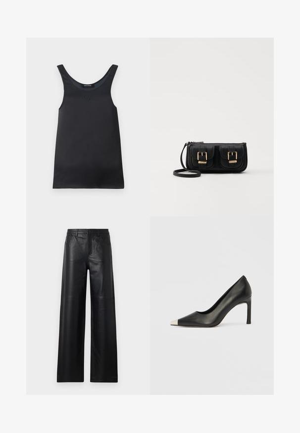 Top senza maniche di colore nero realizzato in un tessuto liscio. Presenta un colletto arrotondato e un sottile dettaglio del logo vicino al colletto. Design semplice e minimalista.; Pantaloni in pelle nera a gamba larga con una texture liscia, dotati di tasche frontali, chiusura a bottone e dettagli di cucitura sottili.; Scarpa con tacco alto in pelle nera con punta affilata e cappuccio metallico argento. Presenta una finitura liscia e un tacco sottile di 10 cm.; Borsa a tracolla nera in pelle con due tasche frontali, fibbie dorate, chiusura con zip e una tracolla sottile. Superficie texturizzata e forma rettangolare compatta.