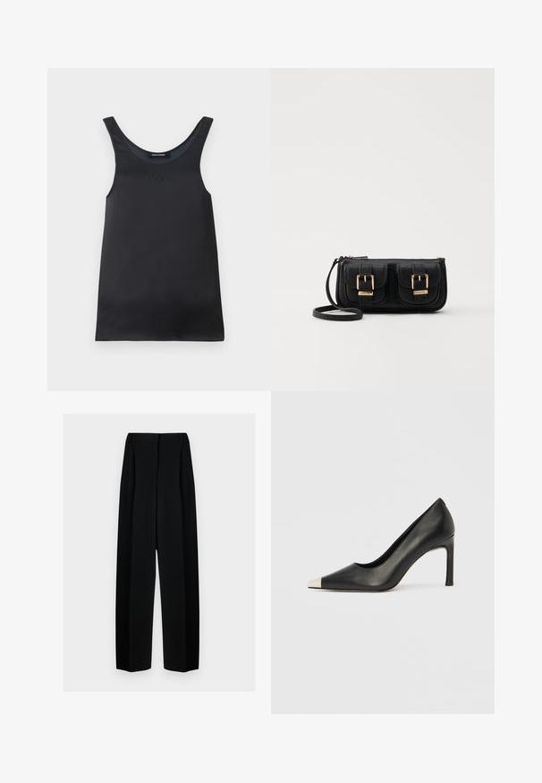 Schwarzes ärmelloses Tanktop aus glattem Stoff. Es hat einen runden Ausschnitt und ein dezentes Logo-Detail nahe dem Kragen. Einfaches und minimalistisches Design.; Schwarze weit geschnittene Hosen mit hoher Taille, die Falten und eine glatte Textur aufweisen. Der Stoff wirkt leicht und fällt elegant.; Schwarzer Lederschuh mit hohem Absatz, spitz zulaufender Zehenpartie und metallischer silberner Spitze. Verfügt über eine glatte Oberfläche und einen schlanken 10 cm hohen Absatz.; Schwarze Leder-Umhängetasche mit zwei vorderen Taschen, goldenen Schnallen, Reißverschluss und einem schmalen Tragegurt. Texturierte Oberfläche und kompakte rechteckige Form.