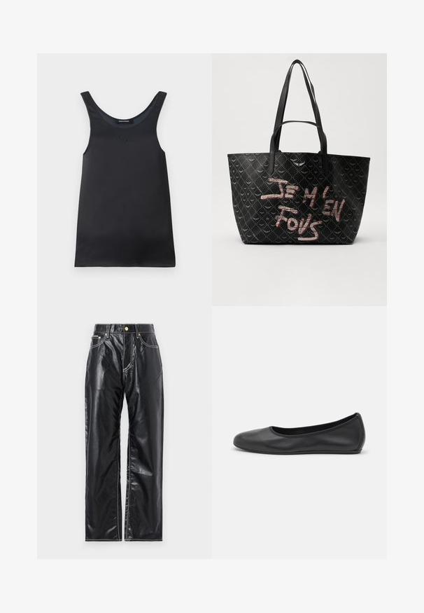 Schwarzes ärmelloses Tanktop aus glattem Stoff. Es hat einen runden Ausschnitt und ein dezentes Logo-Detail nahe dem Kragen. Einfaches und minimalistisches Design.; Schwarze Kunstlederhosen mit weitem Schnitt, ausgestattet mit weißen Nähten, frontalen Taschen und einem goldenen Knopf am Bund.; Schwarze Leder-Ballettschuhe mit abgerundeter Spitze, glatter Textur, minimalen Nähdetails und einem flexiblen Sohlen-Design.; Schwarze Tote-Bag aus strukturiertem Material mit Rautenmuster, Schulterriemen und auffälligem roten und weißen Text "JE M'EN FOUS."