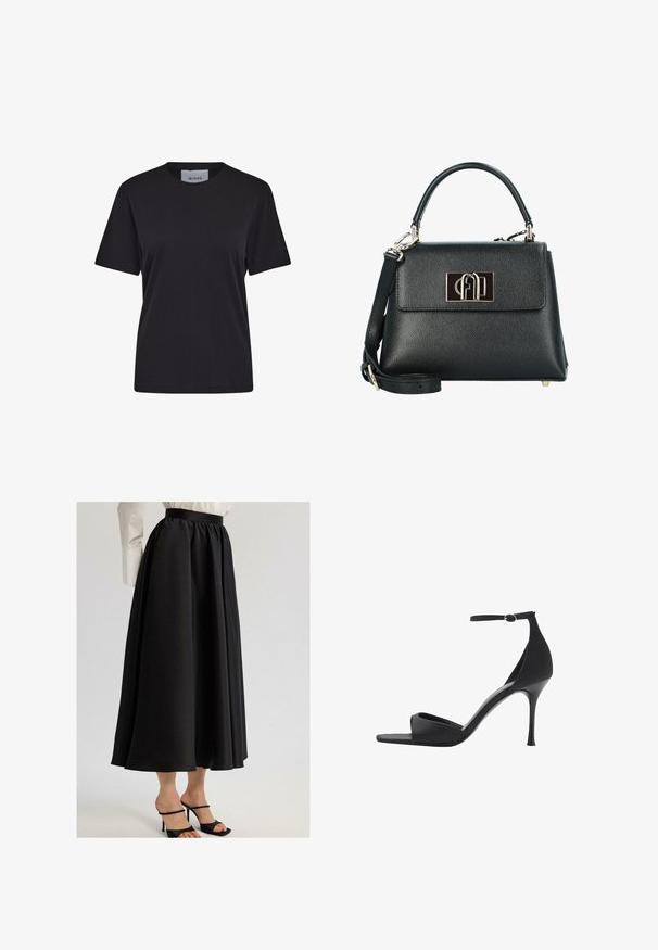 Črna kratkega rokava majica iz bombaža, z okroglim izrezom in ravnim krojem. Oznaka je vidna na vratu.; Črna dolga krila iz gladkega materiala, ki imajo zbrano pasnico in sproščen dizajn, kombinirana s črnimi sandali na peto.; Mango Sandali z visoko peto - black; Črna usnjena torbica z teksturo, strukturirane oblike, z zgornjim ročajem, odstranljivim ramenskim trakom in zaponko v zlatem tonu z logotipom.; Zlato obarvana pravokotna ročna ura z belo številčnico, srebrnimi kazalci in trdno kovinsko zapestnico. Vključena je vodoodporna funkcija.
