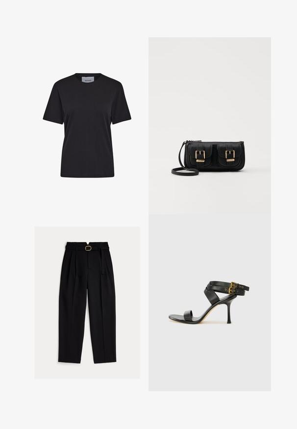 Sort kortærmet T-shirt lavet af bomuld, med en rund halsudskæring og lige pasform. Etiketten er synlig ved halsen.; Sorte, højtaljede bukser med bælte i taljen, plisseret front og vidde ben. Fremstillet i glat stof med klassisk snit.; Sort hæl-sandal med krydsede stropper og justerbar spænde. Har en glat overflade og spids stilettohæl.; Sort læder crossbody taske med to frontlommer, guldspænder, lynlåslukning og en slank rem. Struktureret overflade og kompakt rektangulær form.