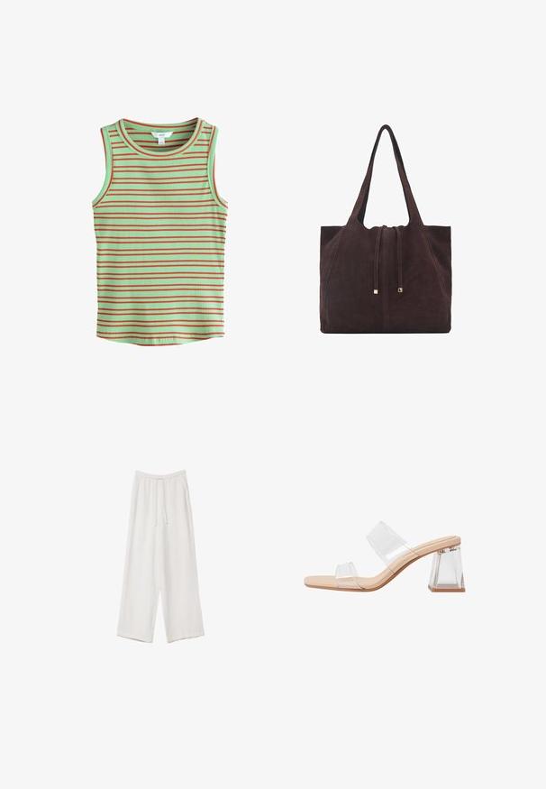 Sleeveless ribbed tank top with a mint green base and horizontal red stripes. Features a round neckline and soft texture.; White wide-leg trousers made from a lightweight fabric. Features an elastic waistband with a drawstring and side pockets. Smooth texture.; Transparent heeled sandals featuring two clear straps, a beige base, and a geometric clear block heel. Minimalist design with smooth texture.; Mango Tote bag - dark brown