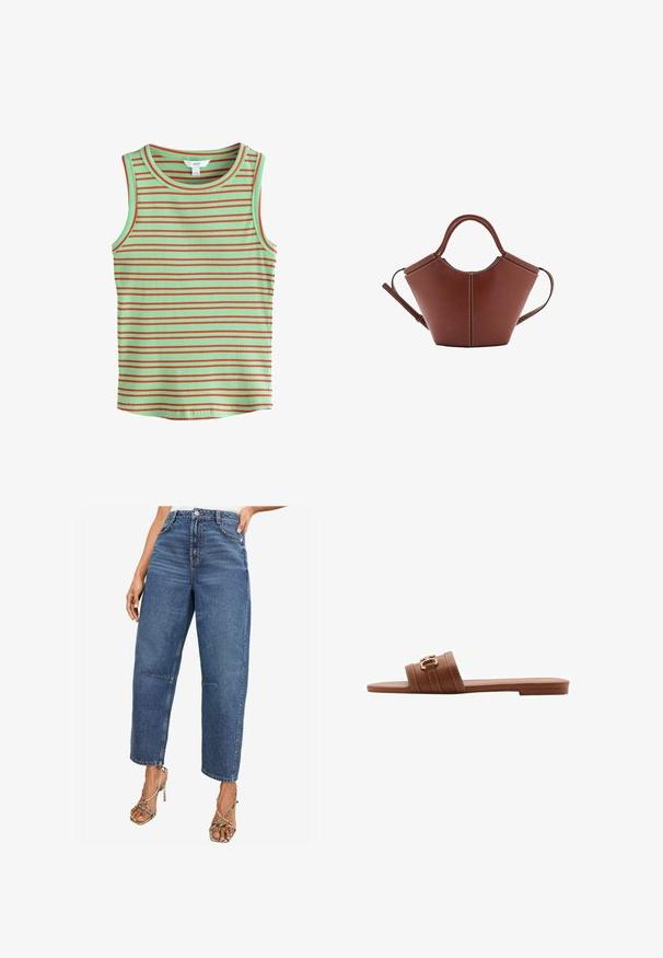Tricou fără mâneci din material suedețit, cu o bază verde mentă și dungi roșii orizontale. Are un decolteu rotund și o textură moale.; Jeans din denim cu talie înaltă și croială dreaptă, de culoare albastru mediu. Dispune de un design clasic cu cinci buzunare și detalii fine de cusătură.; Sandale din piele maro, tip slide, cu două curele late, decorate cu cusături decorative și un accent din aliaj de aur. Design cu talpă plată.; Geantă din piele maro, cu o formă conică, mâneri rezistente și cusături albe contrastante. Dispune de o curea de umăr detașabilă pentru versatilitate.