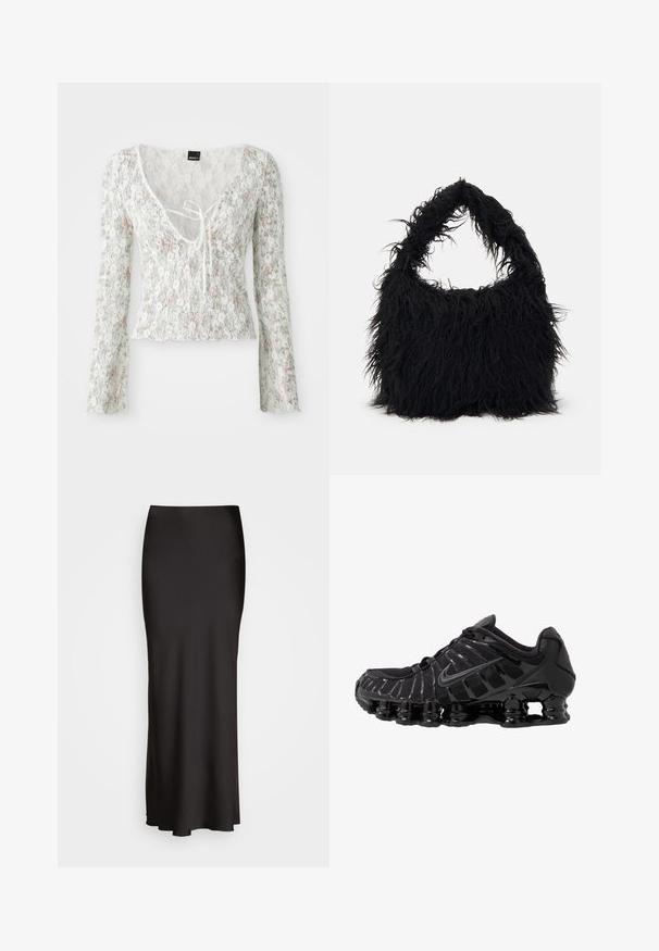 Top branco de renda com mangas longas, padrão floral em rosa claro e verde, decote em V com detalhe de laço, barra recortada.; Saia de cetim preta, até ao chão, com uma textura suave, cintura ajustada e silhueta em A, sem adornos ou padrões visíveis.; Sapato atlético preto com parte superior em malha e sobreposições brilhantes. Apresenta amortecimento em espiral curvado e linhas texturizadas na lateral. Logotipo da Nike visível.; Even&Odd Saco de mão - black