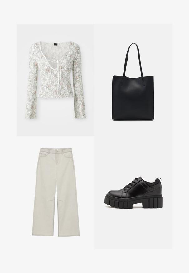 Hvit bluse med blonde, lange ermer, blomstermønster i lys rosa og grønt, V-hals med knytedetalj, bølget kant.; Lys grå vide bukser med fem lommer, frontknaplukning og kontrastsying langs sømmene. Stoffet ser blødt og holdbart ud.; Svarte lærplattformsko med kraftig blokkhell, rund tå og tradisjonell snøring. Har en jevn tekstur og minimal detaljering.; Svart lær tote bag med glatt tekstur, rektangulær form og to lange håndtak. Ingen synlige deler eller dekorasjoner.