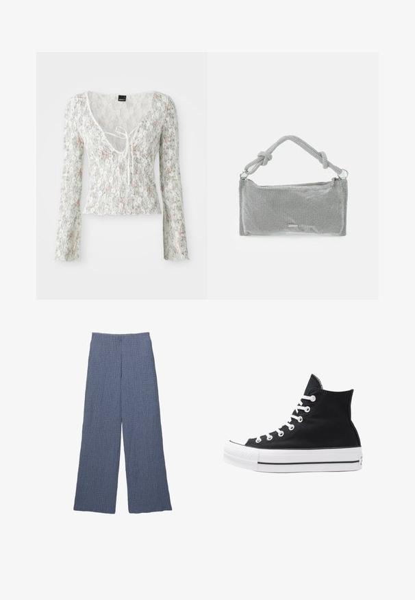 Bela čipkasta majica z dolgimi rokavi, cvetlični vzorec v svetlo rožnati in zeleni barvi, V-izrez z detajlom z vezanjem, valoviti rob.; Modre široke hlače z teksturo in rebrastim vzorcem, s visokim pasom in ohlapnim krojem, primerne za sproščeno nošenje.; Visoke črne platnene superge z belimi režami, vezalkami in gumijastim podplatom. Ponašajo se z teksturiranim zaščitnikom za prste in črno-belimi črtami.; Srebrna mrežasta torbica z vozlanim ročajem, pravokotne oblike, teksturirane površine in z zadrgo. Preprost, sodoben dizajn z minimalnimi dodatki.