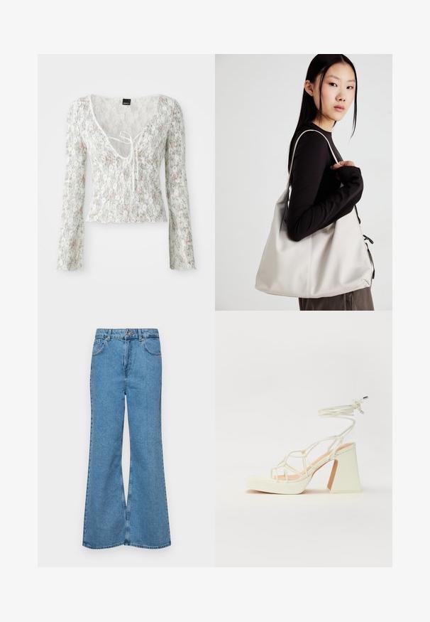 Balta nėriniuota palaidinė su ilgomis rankovėmis, šviesiai rožinė ir žalia gėlėta forma, V-formos iškirptė su prisegamu akcentu, banguotas apatinis kraštas.; Šviesiai mėlynos flared džinsai, pagaminti iš džinsinio audinio, su aukštu liemeniu, penkiomis kišenėmis ir vienu mygtuko užsegimu. Minkštas paviršius su išblukusiu efektu.; Balti aukštakulniai sandalai su masyviu kulnu, su dirželių dizainu ir kulkšnies raiščiu. Lygi tekstūra su platforma priekyje, suteikianti papildomą aukštį.; Bežinė rankinė, pagaminta iš minkštos medžiagos, turinti laisvą dizainą, siuvinėtas detalės ir dvi petnešos. Tinkama kasdieniam naudojimui.